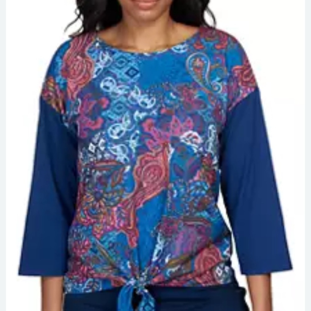 Ruby Rd Women's Abstract Paisley Tie Front Mixed Knit 3/4 sleeves Top 2X